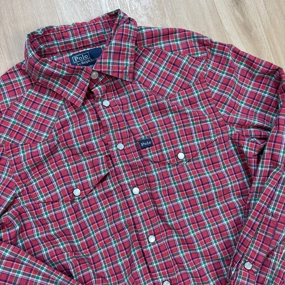 Vintage Polo Ralph Lauren Boys Small (8) Western Plaid Pearl Snap Long Sleeve